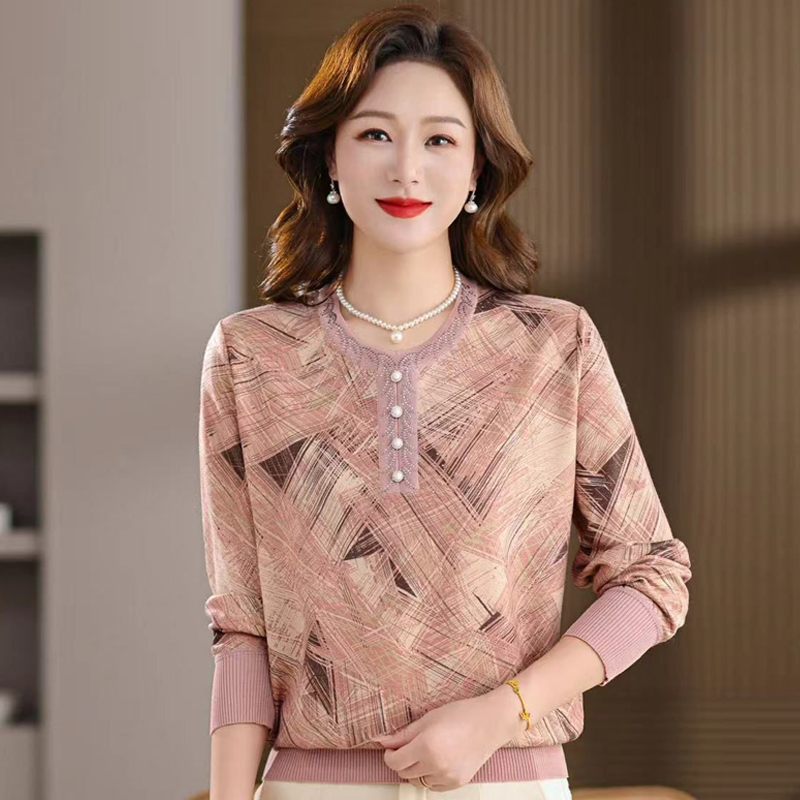 妈妈秋季圆领印花T恤气质长袖减龄上衣中老年女时尚小衫奶奶衣服