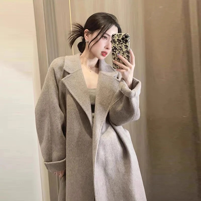 燕麦色大浴袍双面羊毛大衣长款高级感气质腰带显瘦毛呢外套