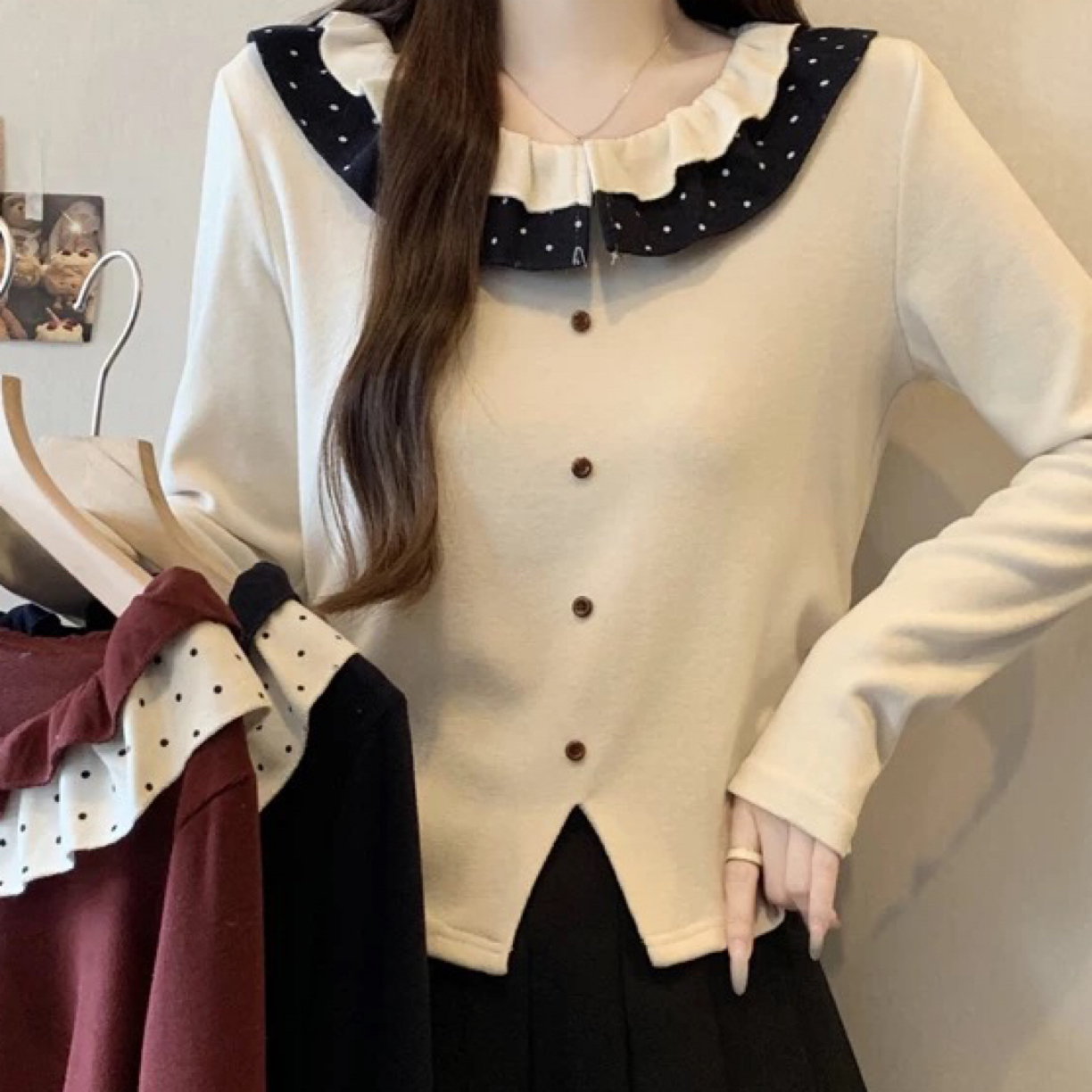 秋冬季系带波点长袖拼接荷叶边百褶设计感减龄气质打底