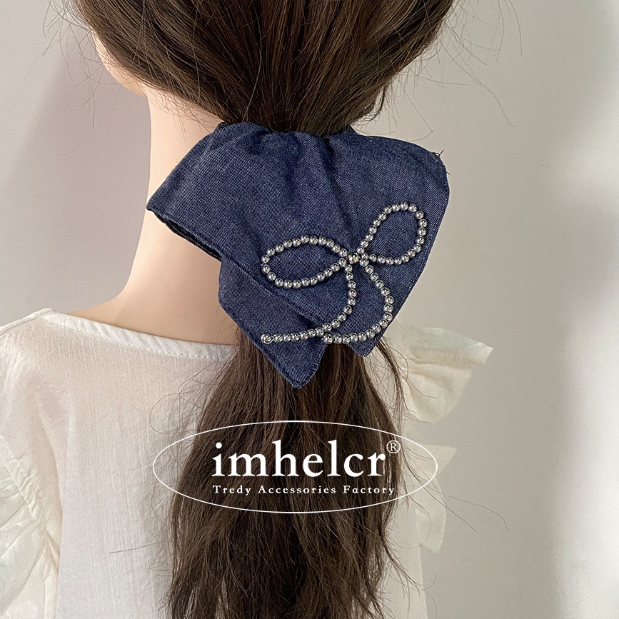 深色牛仔高级感小众珍珠蝴蝶结方巾发圈