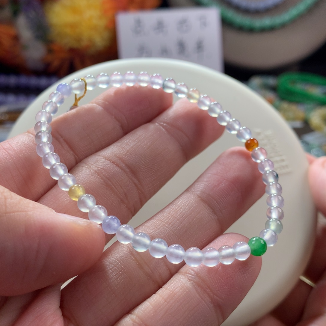 翡翠手链未镶嵌白冰幻彩小米手链卡3.9