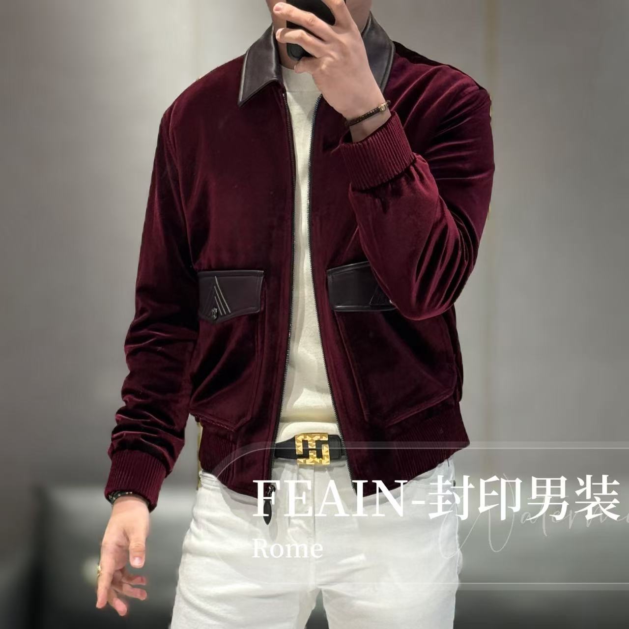 【雷迪凯奇】高端定制醋酸丝绒拼真皮拉链夹克8013