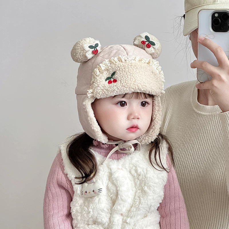 婴儿帽子秋冬樱桃雷锋帽女宝宝加厚保暖护耳帽婴幼儿护耳雷锋帽