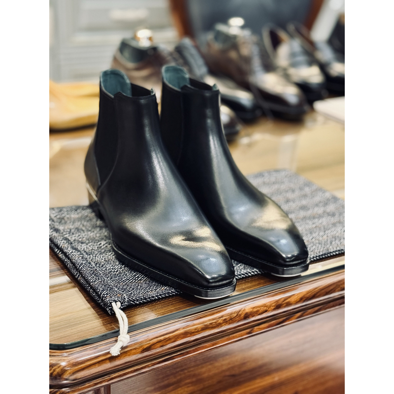 方头切尔西靴手工固特异进口皮真皮大底一脚蹬松紧靴黑色男靴