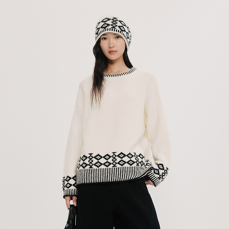 【时髦松弛】HPLY荷比俪绵羊毛混纺几何碰撞慵懒毛衫HDF43650006