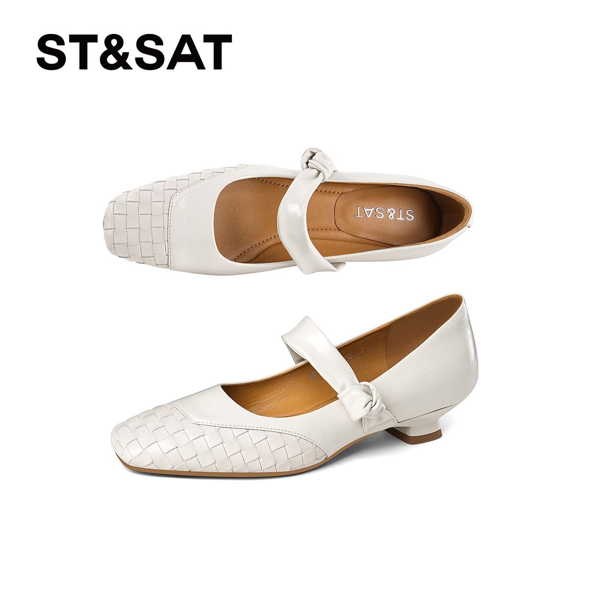St&Sat/星期六欧美女士方头法式低跟浅口粗跟单鞋舒适时尚休闲