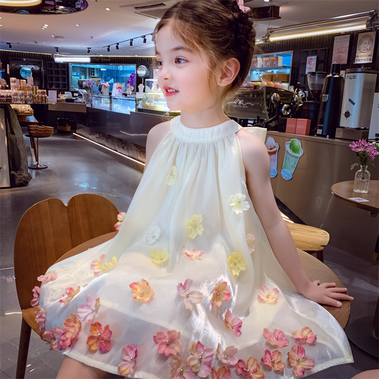 【现现】米米哈罗女童夏装立体花朵挂脖裙蝴蝶结无袖连衣裙 X25225