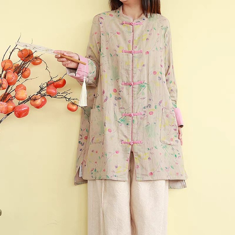2025新中式秋季国风外套复古做旧气质印花对襟盘扣衬衫民族风上衣
