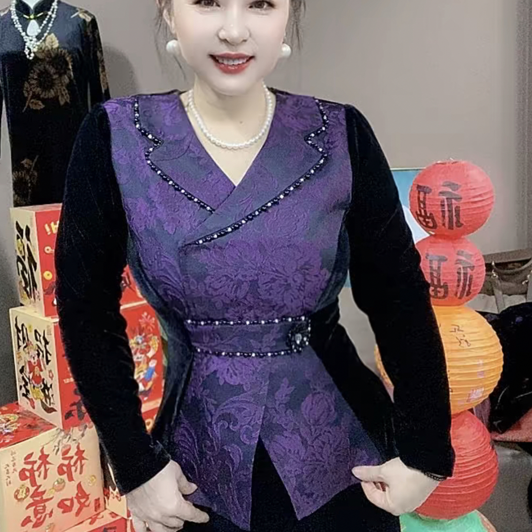 6676706丝绒拼接串珠气质小衫