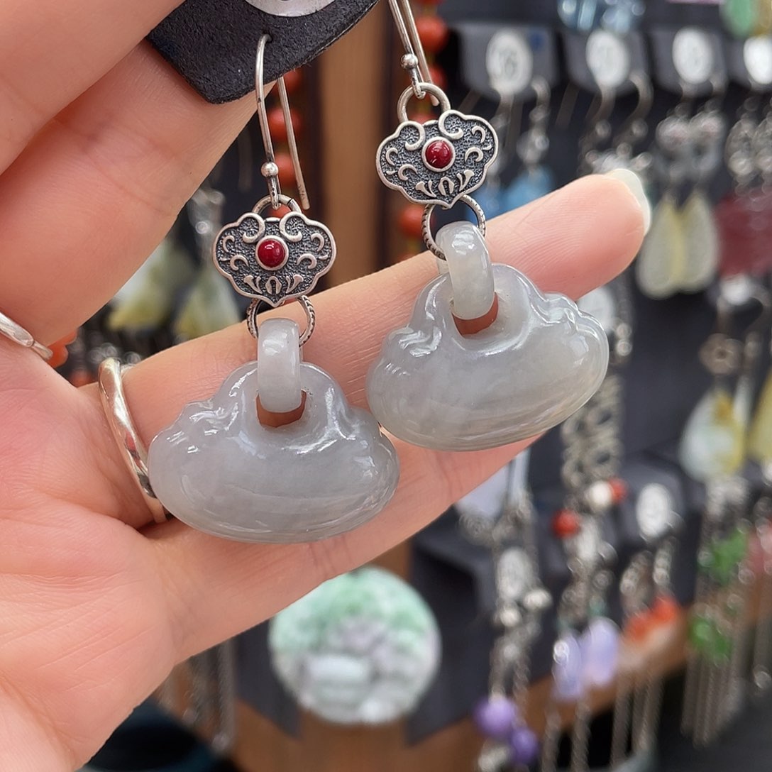 和田玉耳饰银S925镶嵌随***…843fvbbbb