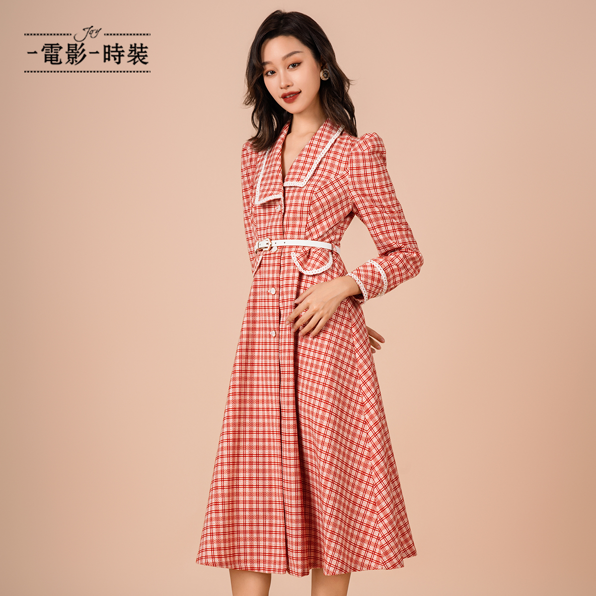 【蜜思仝】一电影一时装时髦设计中长格子连衣裙DFC112E4604
