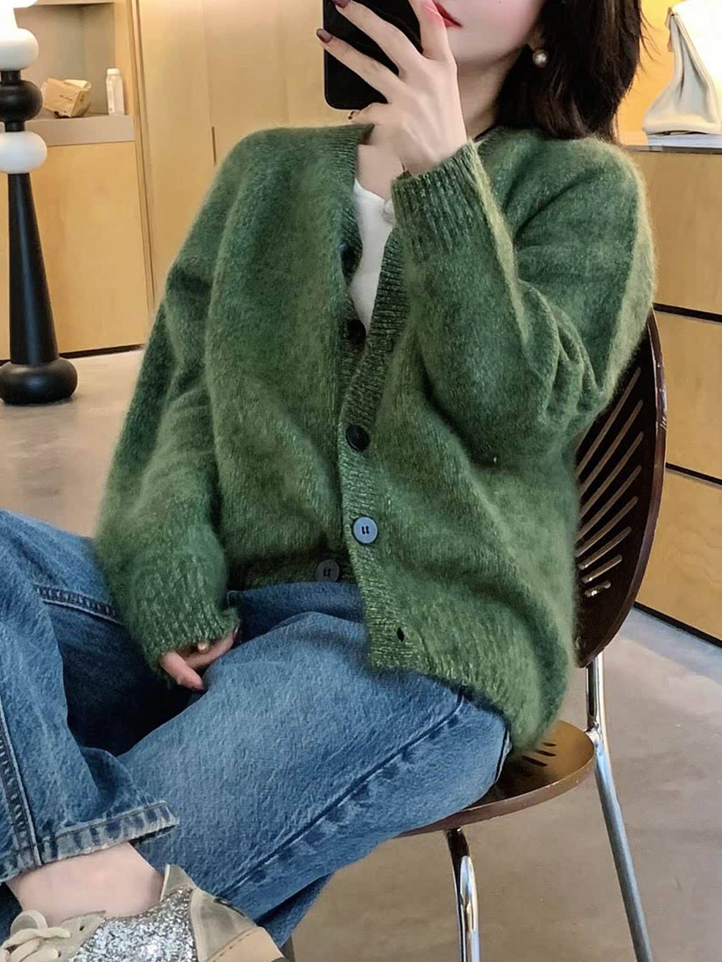 【山羊绒】加厚花纱拉绒++毛开衫高货高克重秋冬宽松针织质感纯色