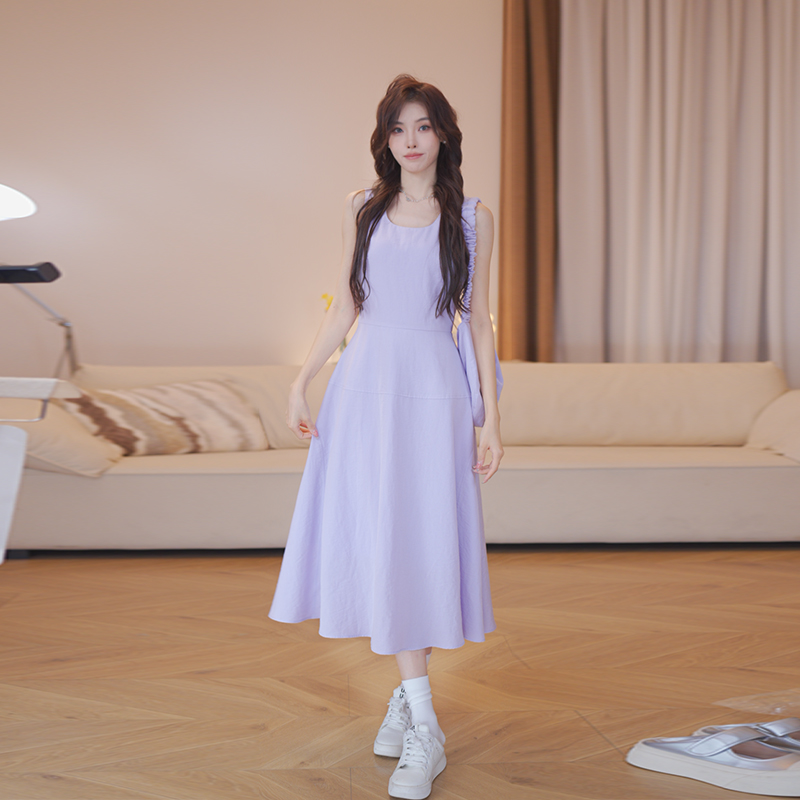 曾小咸 紫色方领无袖连衣裙女夏吊带气质长裙送包包Z252LQZ8904