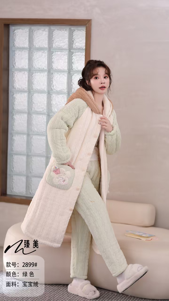 【2899冬季睡衣女三层夹棉加厚睡袍保暖可外穿家居服套装】
