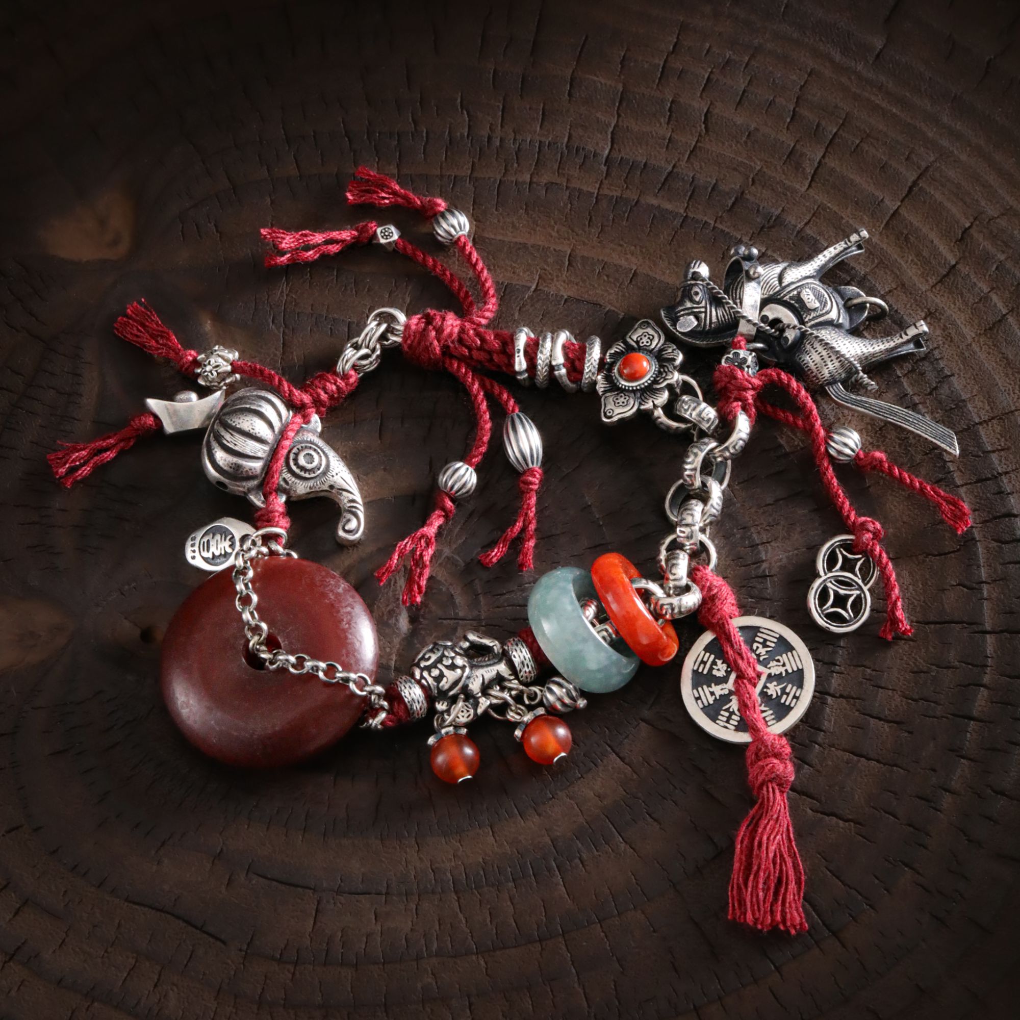 925银手链 S12278 磨砂红色平安扣葫芦狮子红珠链条手链