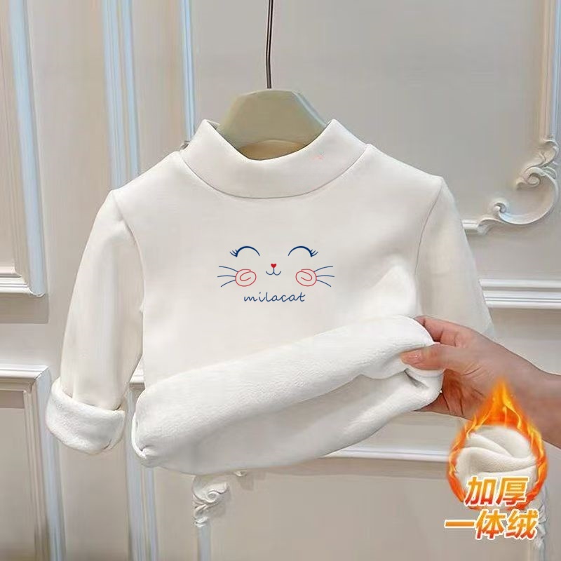 女童加绒打底衫秋冬款卡通印花长袖女宝宝加厚保暖圆领加绒上衣