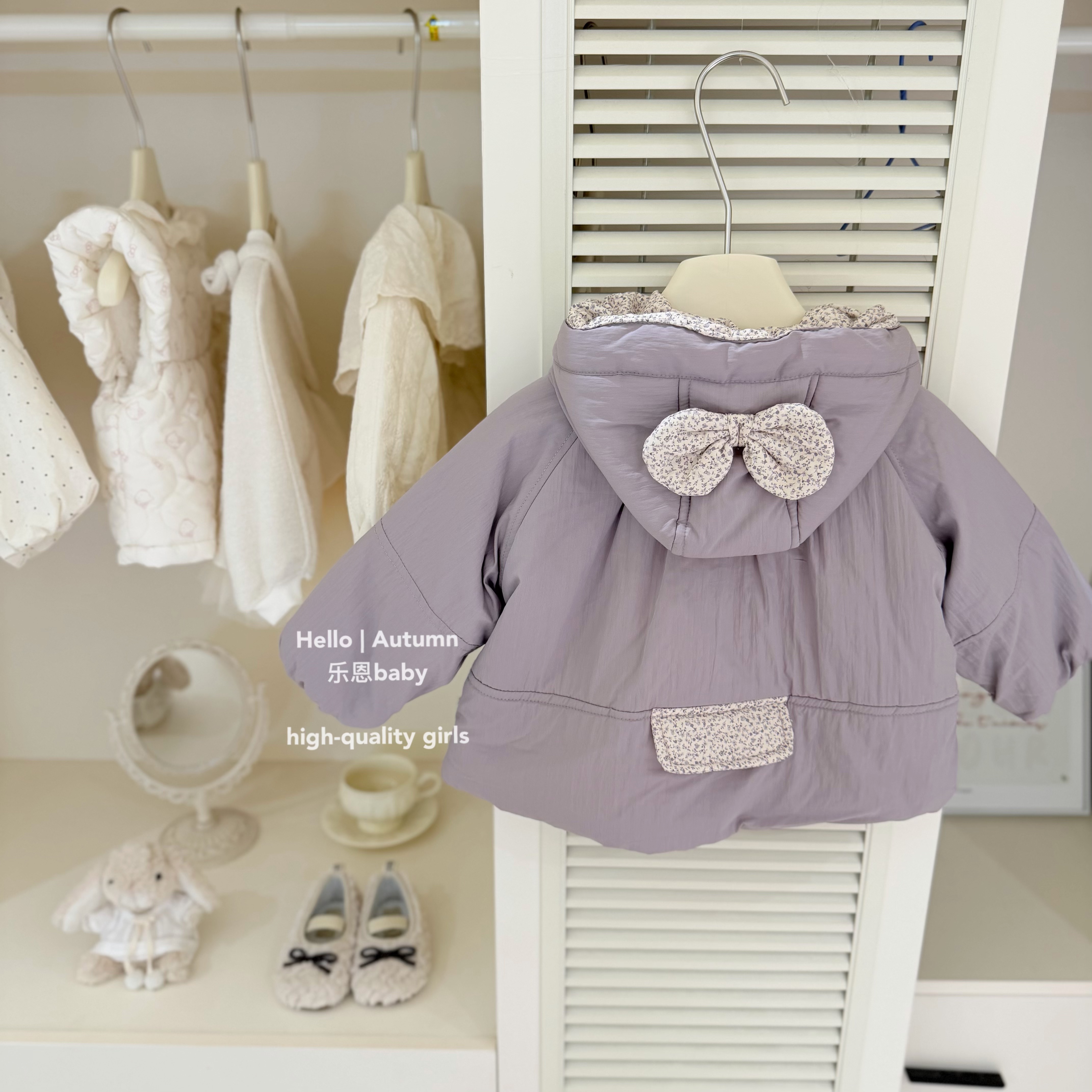 【乐恩童装】原创设计秋冬女童紫色连帽加绒外套韩版加厚保暖棉服