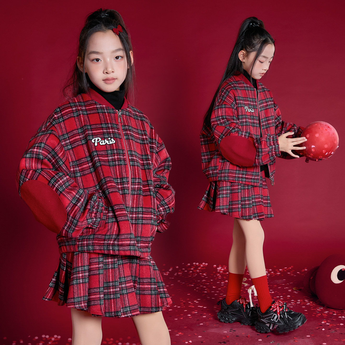 雨星雨嫣女童新年套装半裙装2026新款洋气球服百褶裙两件套