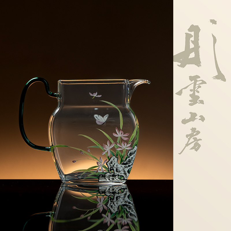 彤云山房玻璃制品手绘兰花寿石异形公道杯