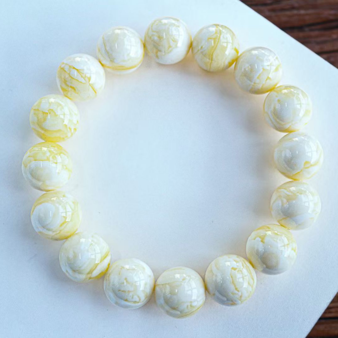 同料14.6mm橘底瓷白花蜡圆珠手串 黄白相间精工全品28.2g