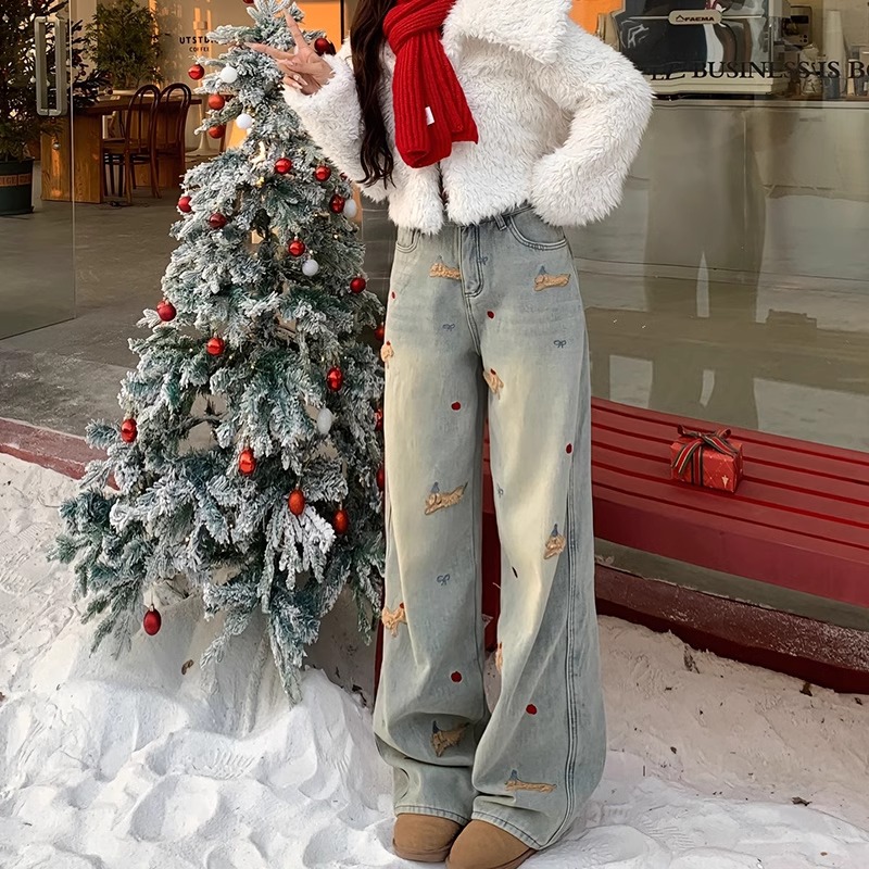 刺绣小狗牛仔裤女微胖加厚新款高腰显瘦胖妹妹阔腿裤拖地裤