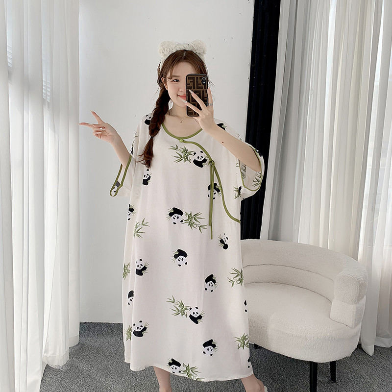 夏季加大码胖MM200斤棉绸睡裙新国风加长宽松孕妇加肥轻薄款睡衣