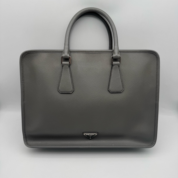 95新 Prada/普拉达 97新深灰色十字纹全皮手提商务公文包/2919