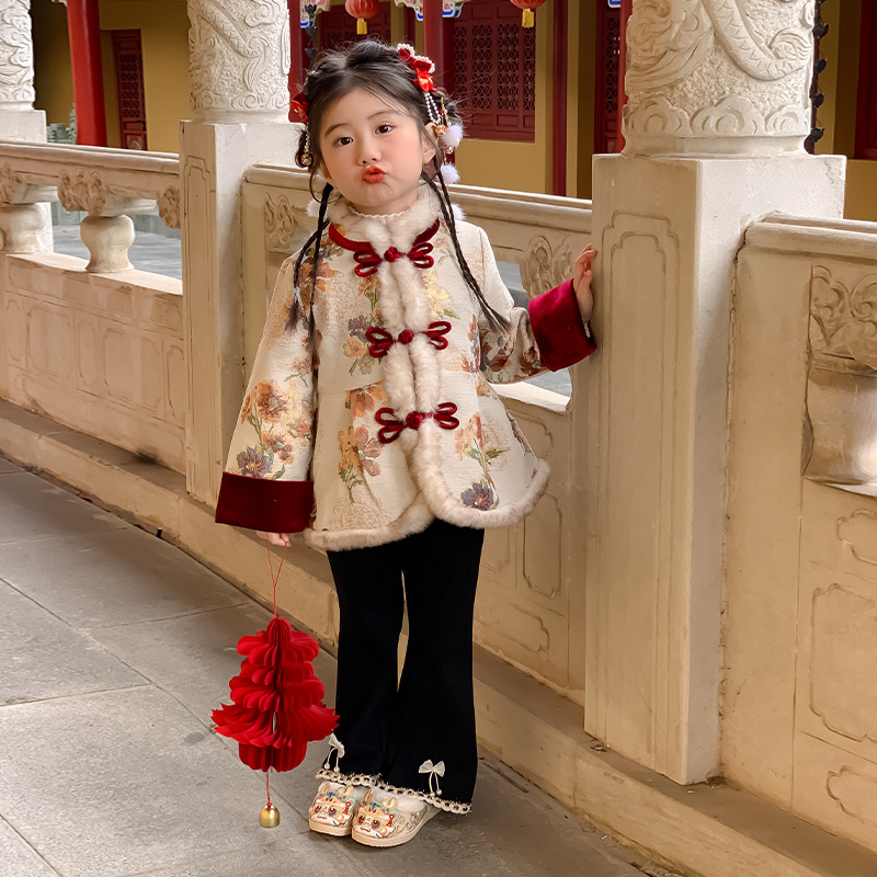 女童冬款年服外套2024新款女宝国风盘扣织锦棉服加绒加厚拜年服
