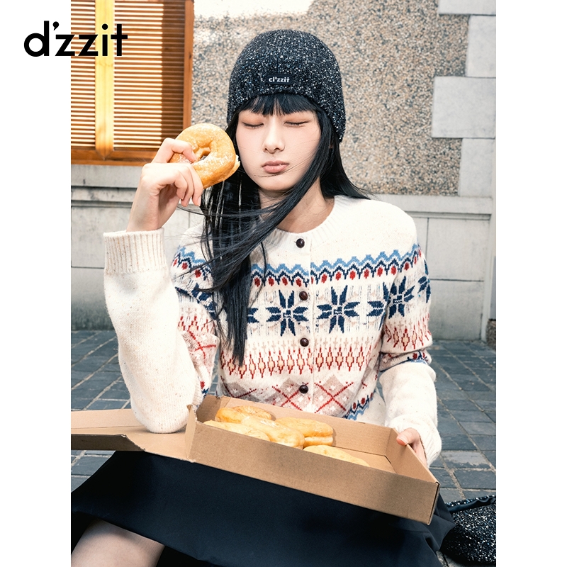 【商场同款新品】dzzit地素针织衫25冬费尔岛纹样开衫女3J4E5629B