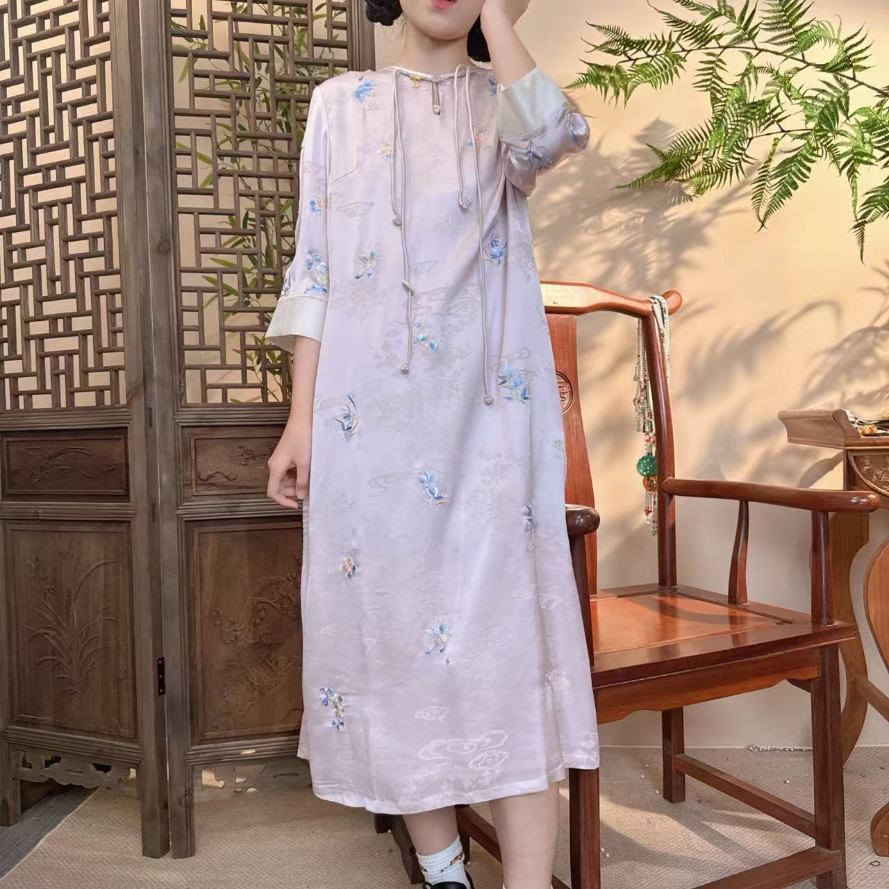 【碧荷】新中式旗袍国风过膝重工刺绣连衣裙