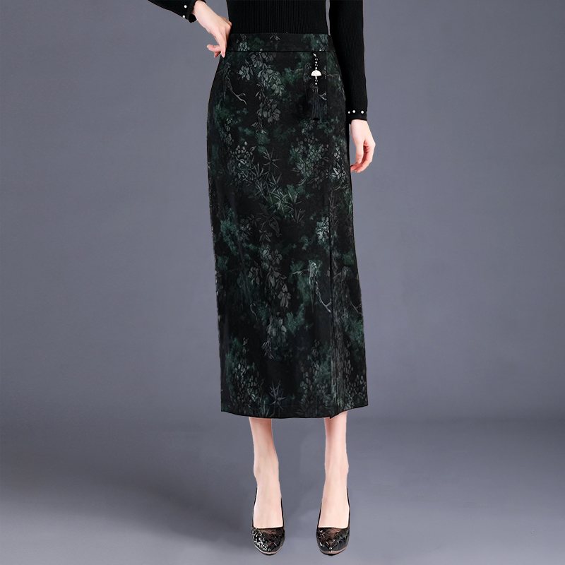 黑色包臀裙中长款中国风高腰直筒裙女新中式半身裙口袋提花长裙子