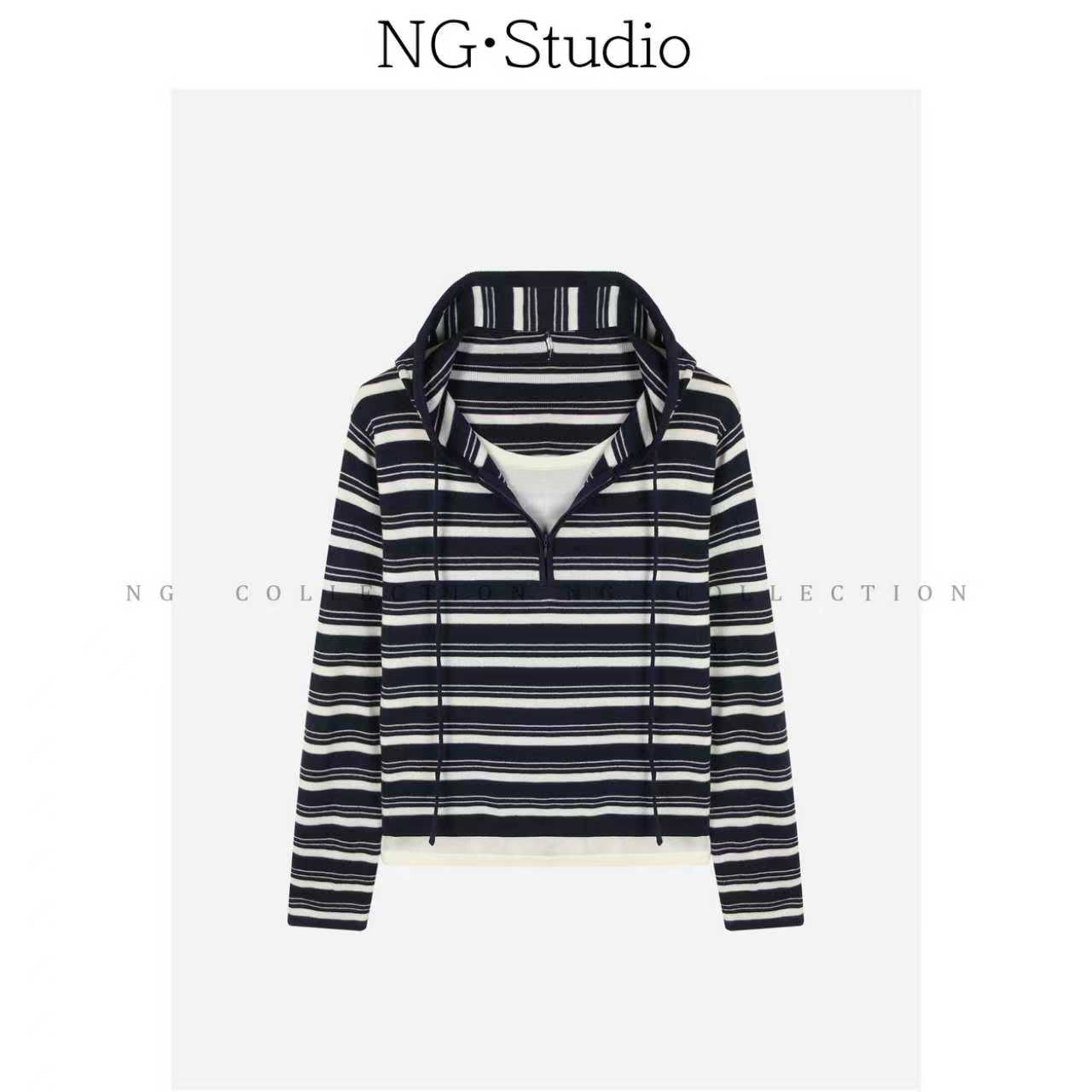 【NG·Studio】假两件连帽套头撞色针织上衣预NGQ5MY5596