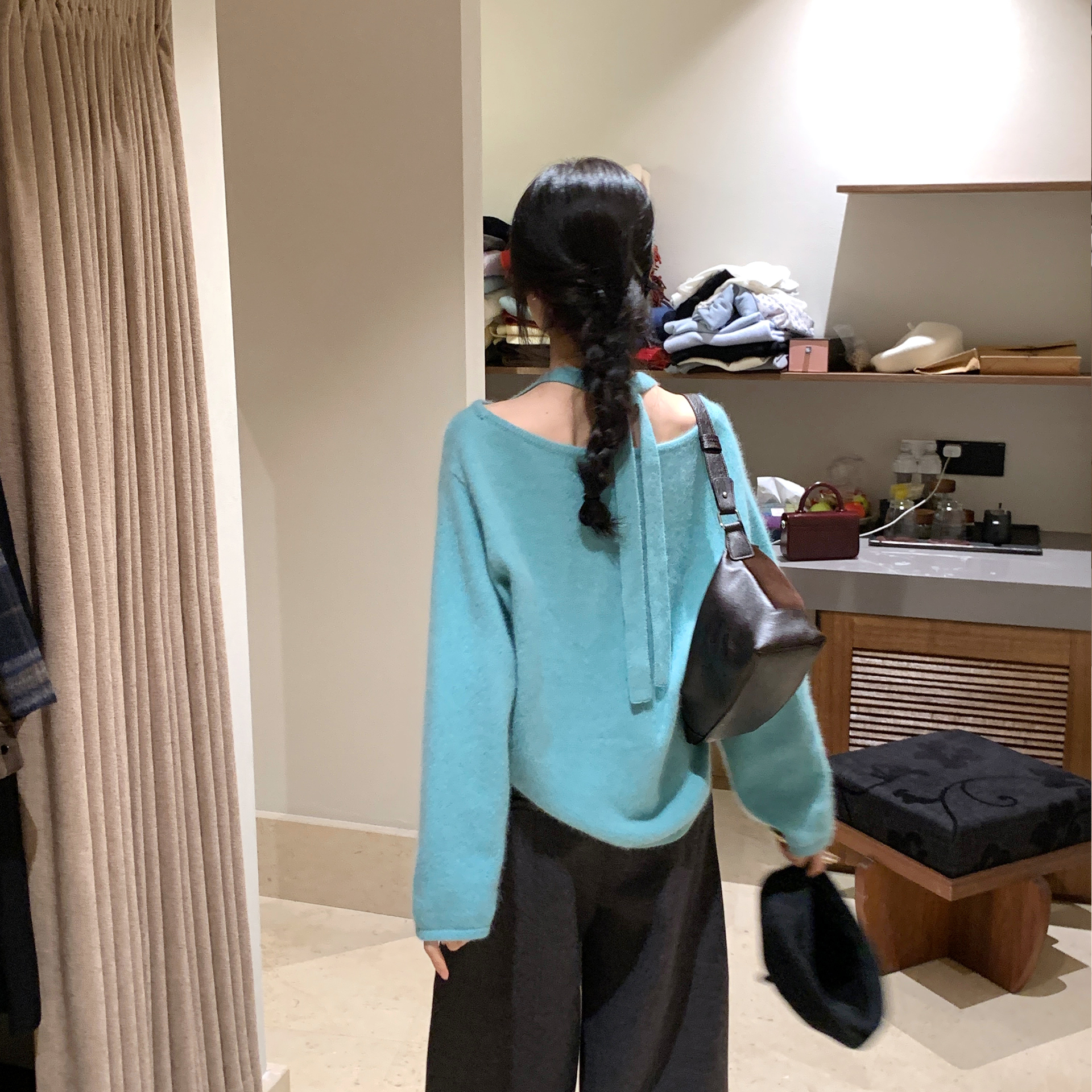 韩系简约蓝色飘带针织衫女2025秋新减龄百搭显瘦上衣