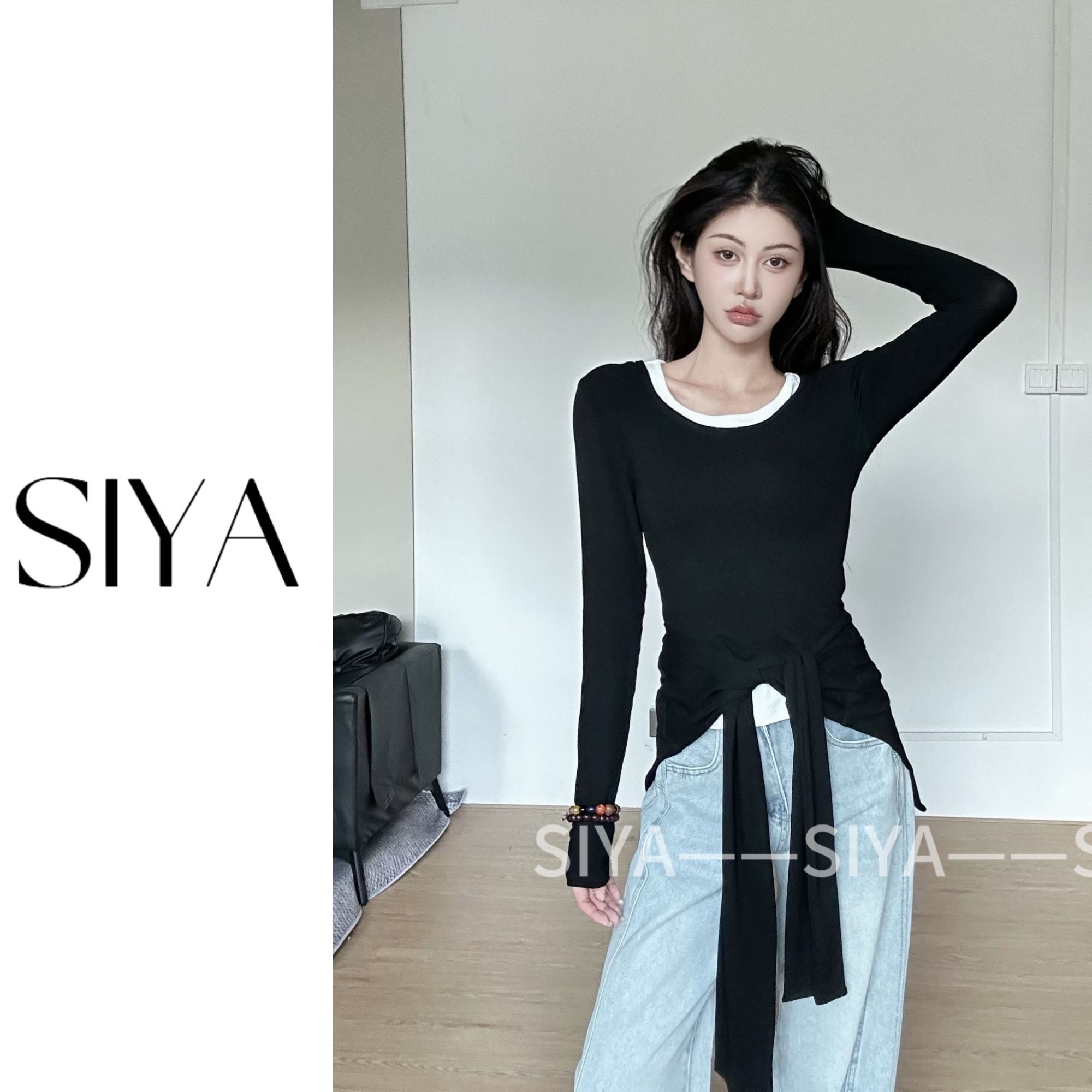 【SIYA】假两件长袖T恤女秋季新款韩系配披肩短款两件套