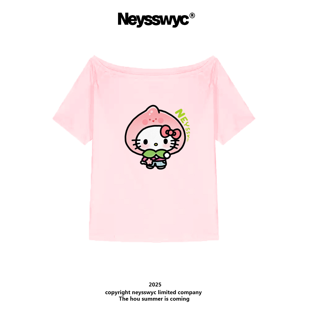 NEYSSWYC 一字肩粉色可爱卡通修身弹力短袖T恤百搭夏季印花奥代尔