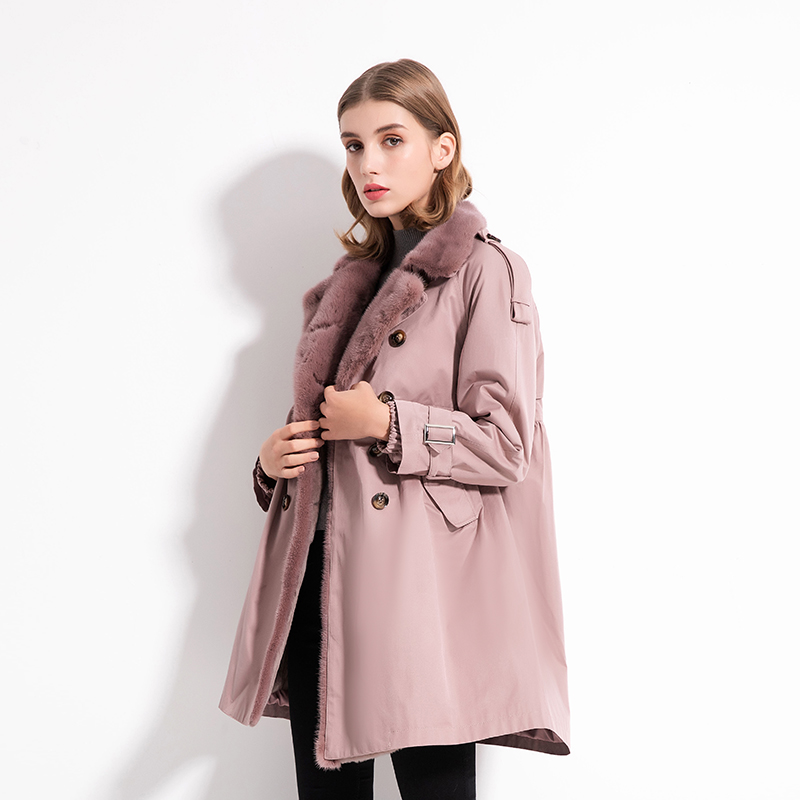 女韩版粉色时尚潮流中长款派克服可摘卸獭兔内胆水貂领加厚保暖