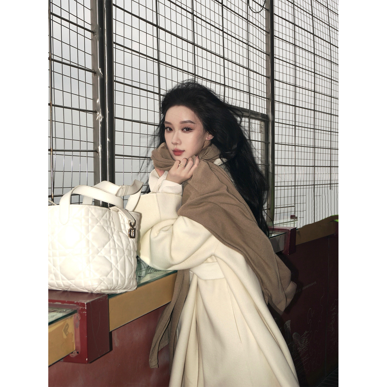 有洧Youwei【卡其色】白色针织百搭双面羊绒宽松加厚围巾25SS0657