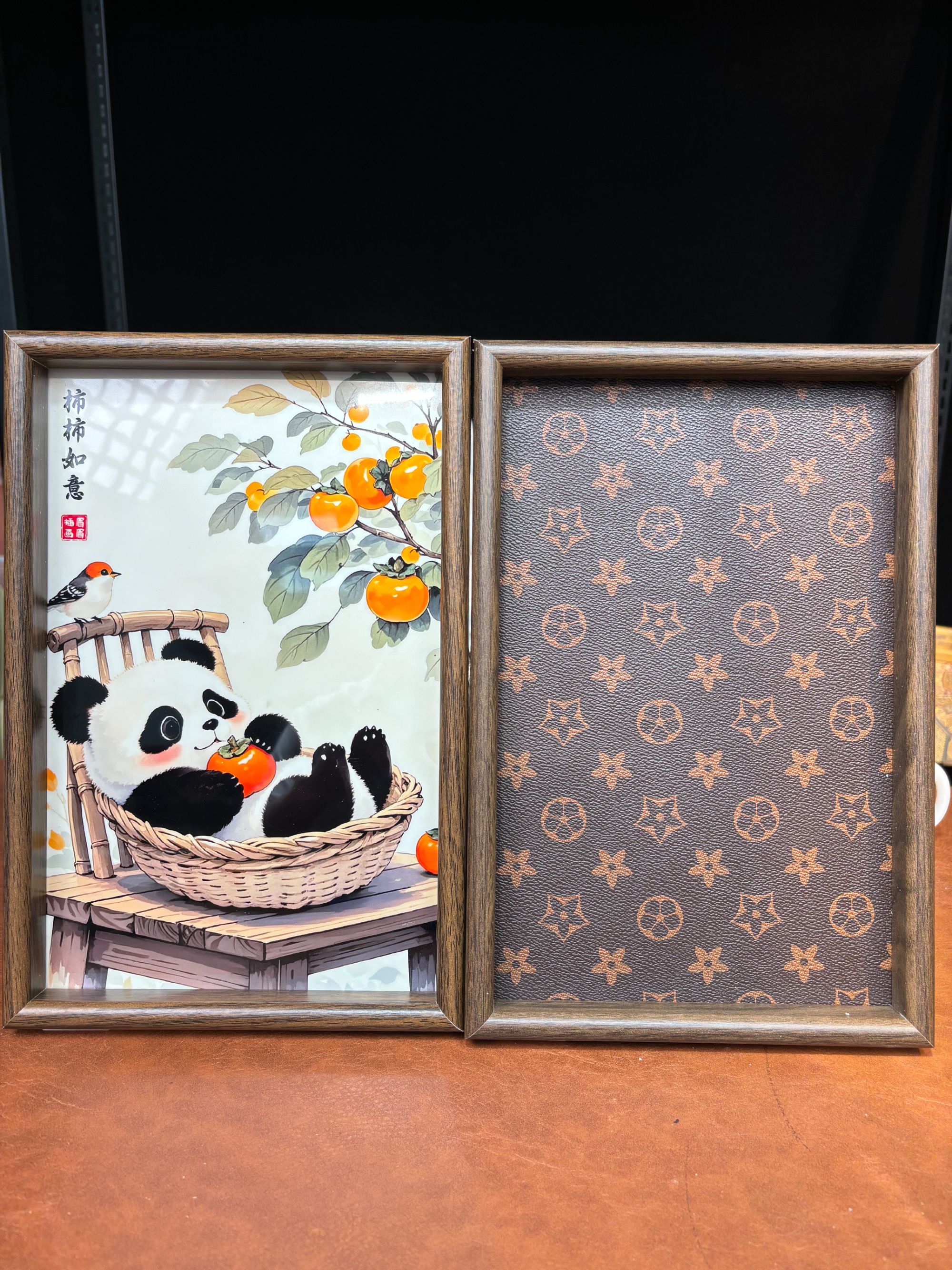 ZH4097-实木茶盘+柿柿如意熊猫茶盘20*30