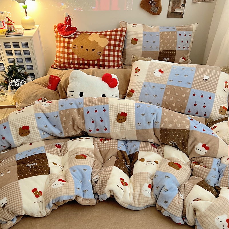 牛奶绒【樱桃猫咖】四件套被套床上三件套双面绒被罩床单加绒加厚冬