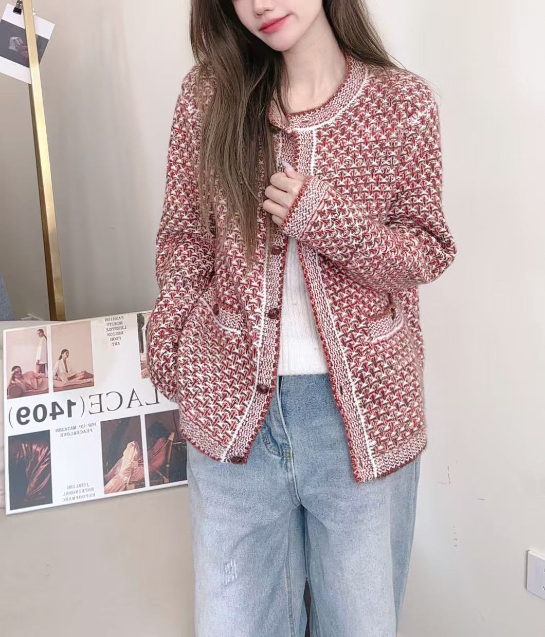 【俩月羊绒】轻奢251285-100山羊绒时尚气质花纱圆领针织小香风外套