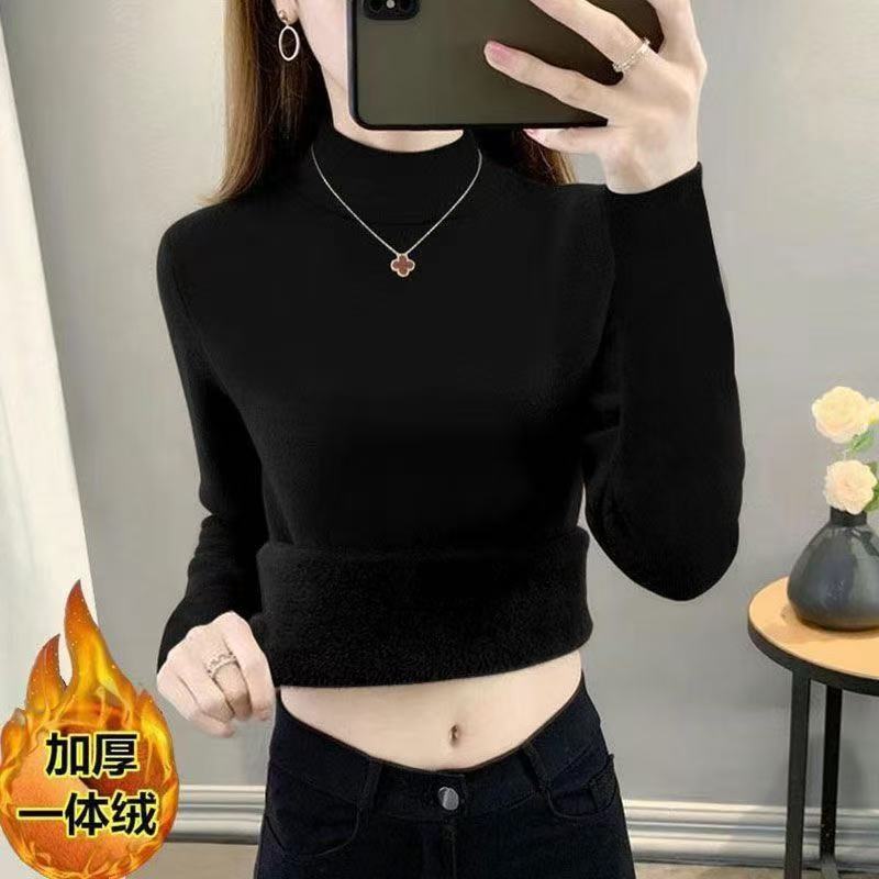 修身显瘦加绒加厚保暖上衣内搭半高领打底衫