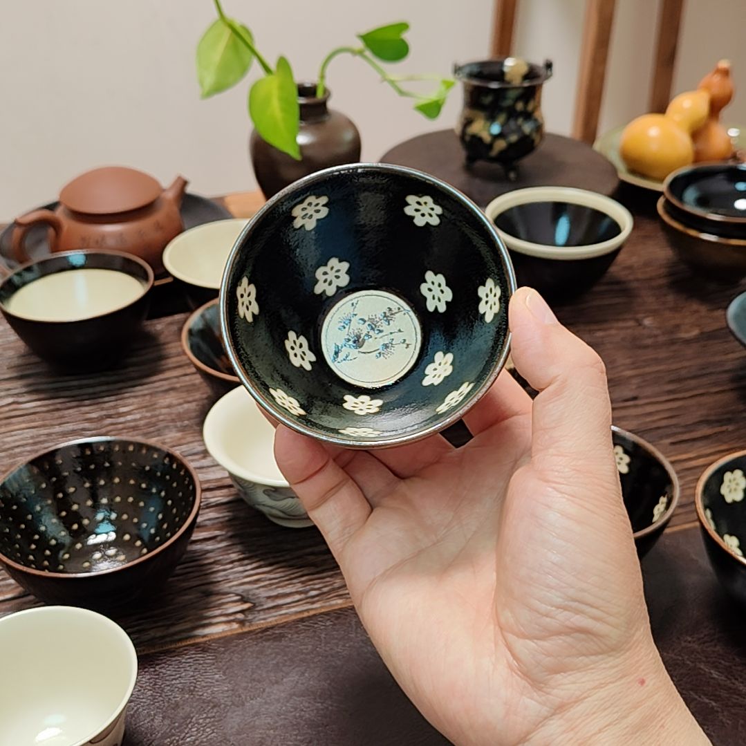 山****吉州窑原矿手工柴窑柴烧剪纸贴花盏