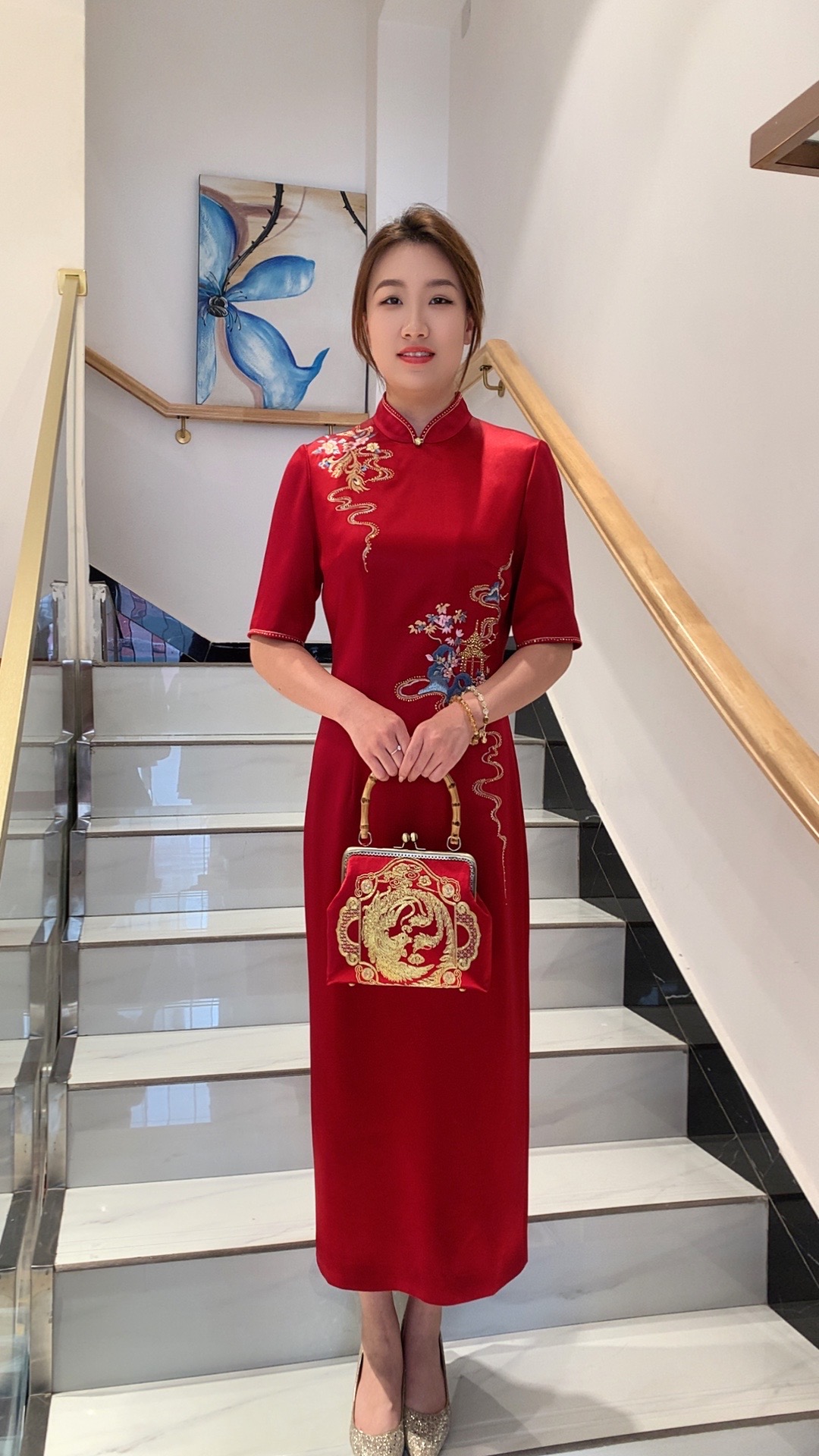 朱紫褕17923衣长121喜婆婆喜妈妈婚宴新娘烫钻刺绣高级醋酸旗袍