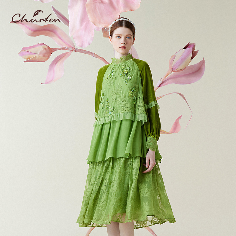 【媛媛专享】朝峰春秋季蕾丝拼接长袖洋气时尚连衣裙CFE1A303-3072G