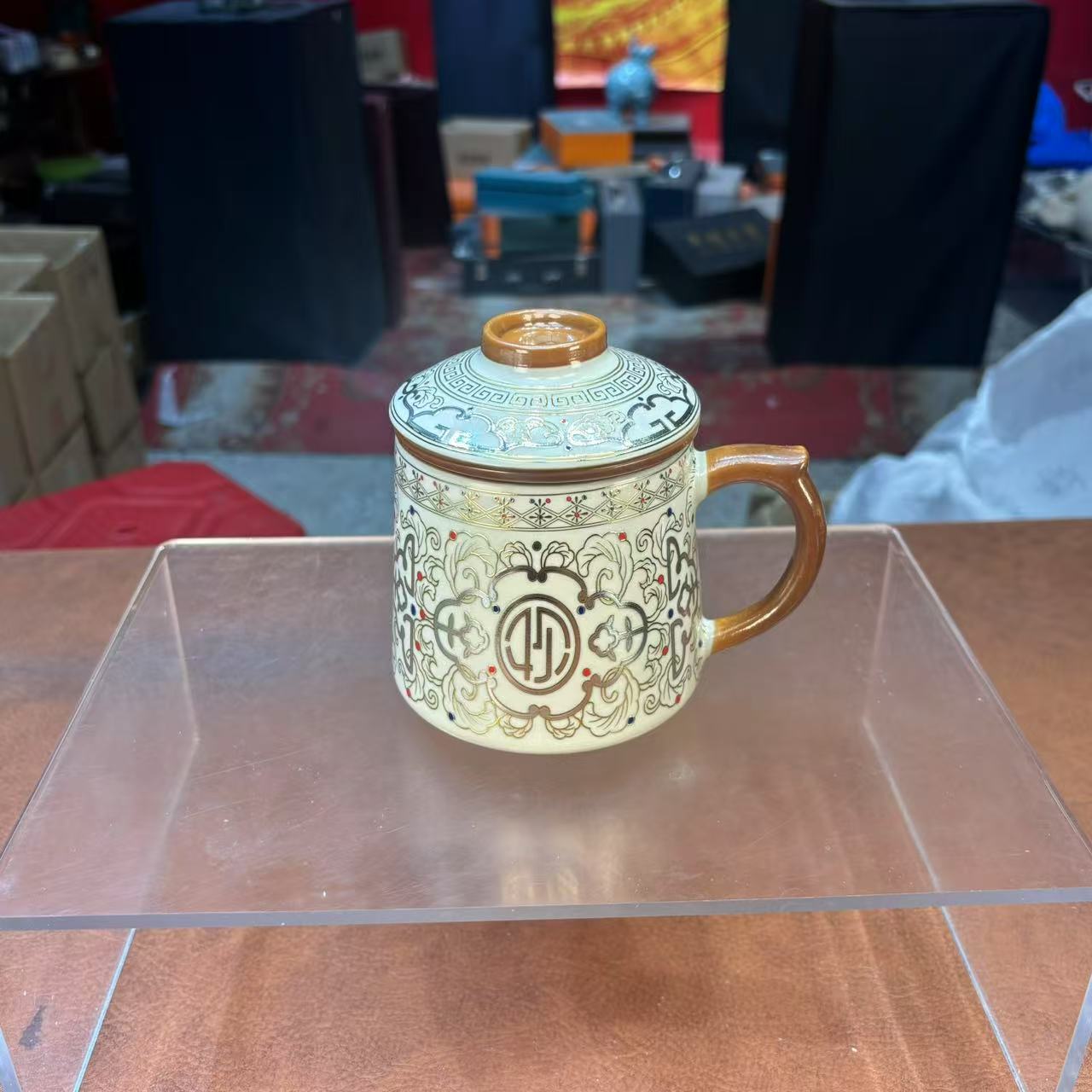 秋香茶具 黄汝窑金银措欢喜陶瓷三件套办公杯茶水-6059