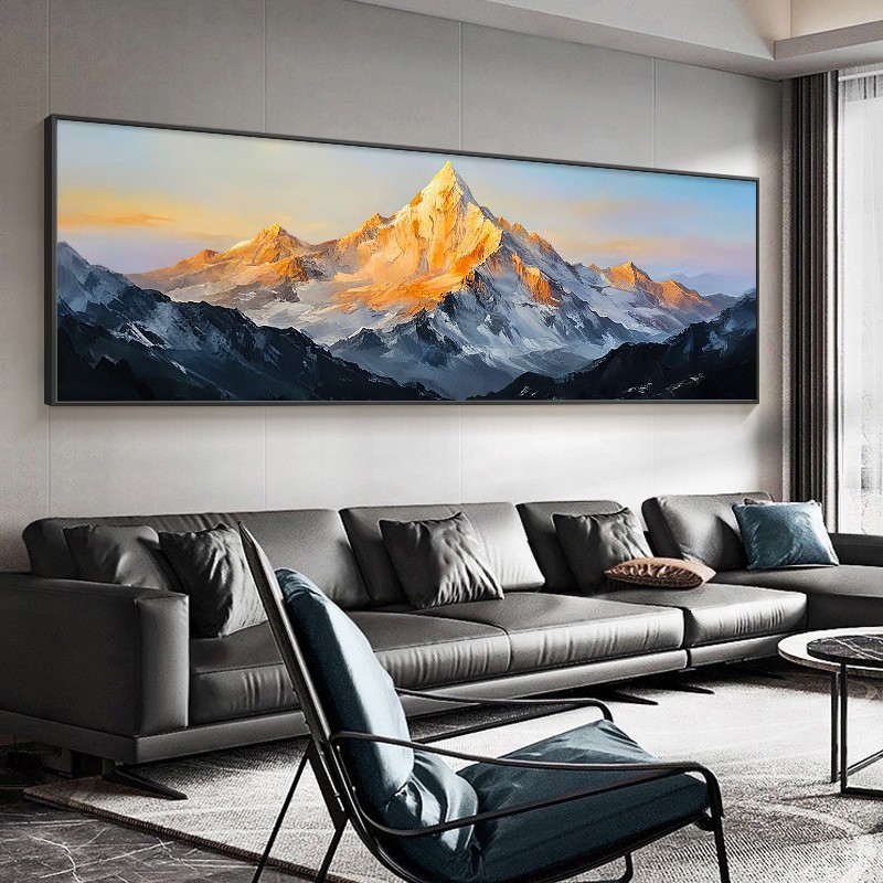 手绘油画日照金山风景画沙发客厅轻奢雪山装饰画背景墙长横幅挂画