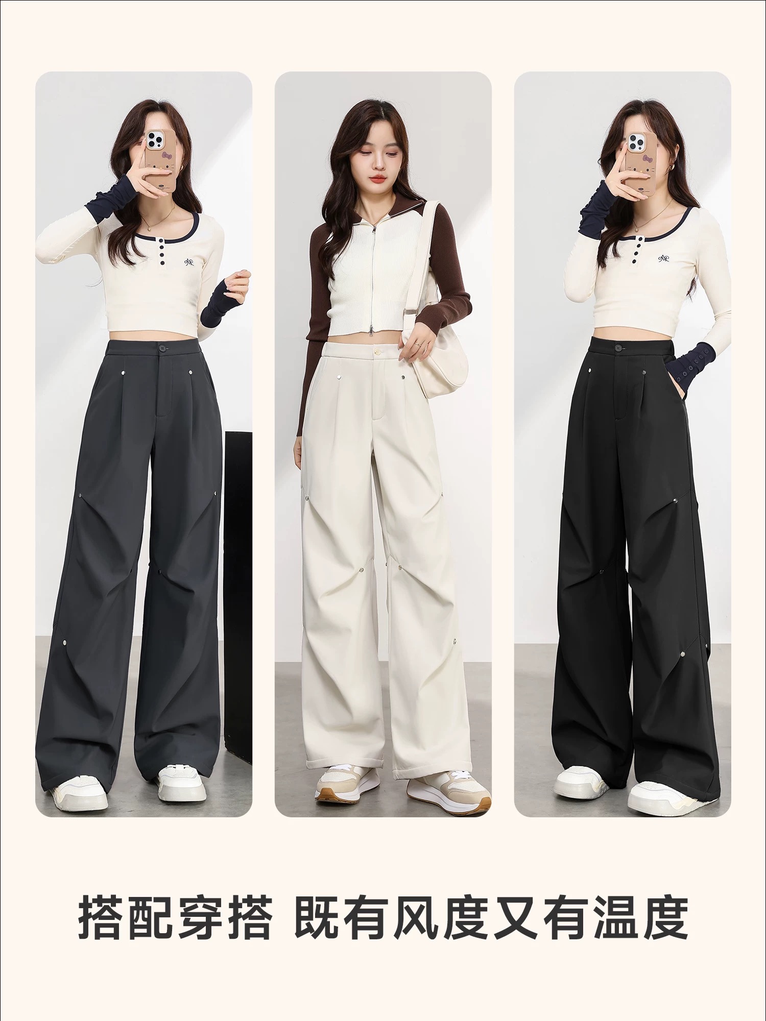 Q25 92020 美式柳钉工装裤女新款高腰复古休闲褶皱阔腿裤