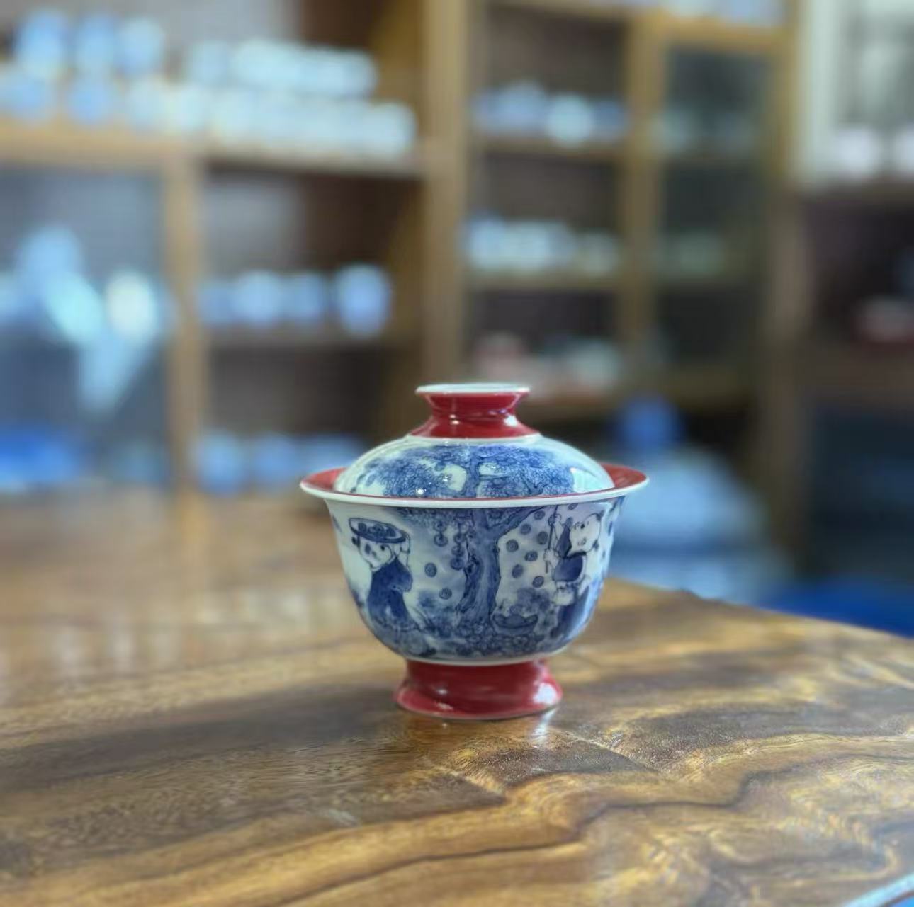 《梦乔茶器》雨香斋景德镇手工手绘宫墙红摇钱树青花童子盖碗