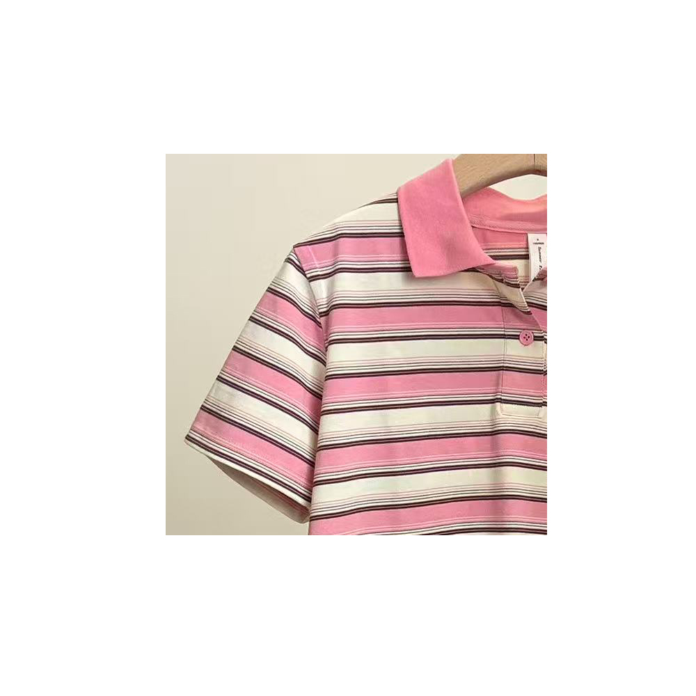 【粉条纹polo】经典条纹女款宽松粉色休闲polo短袖