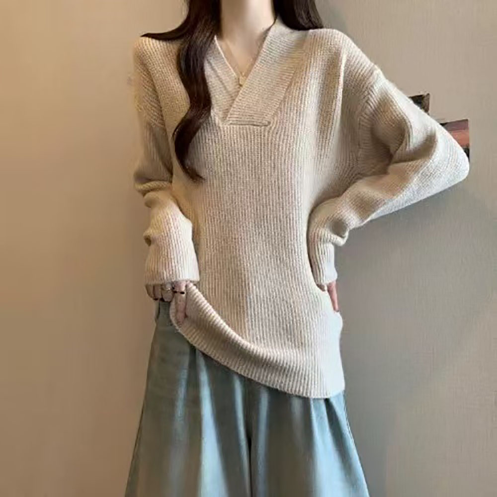 6415 韩系V领简约落肩袖套头毛衣女秋冬宽松长袖软糯针织衫